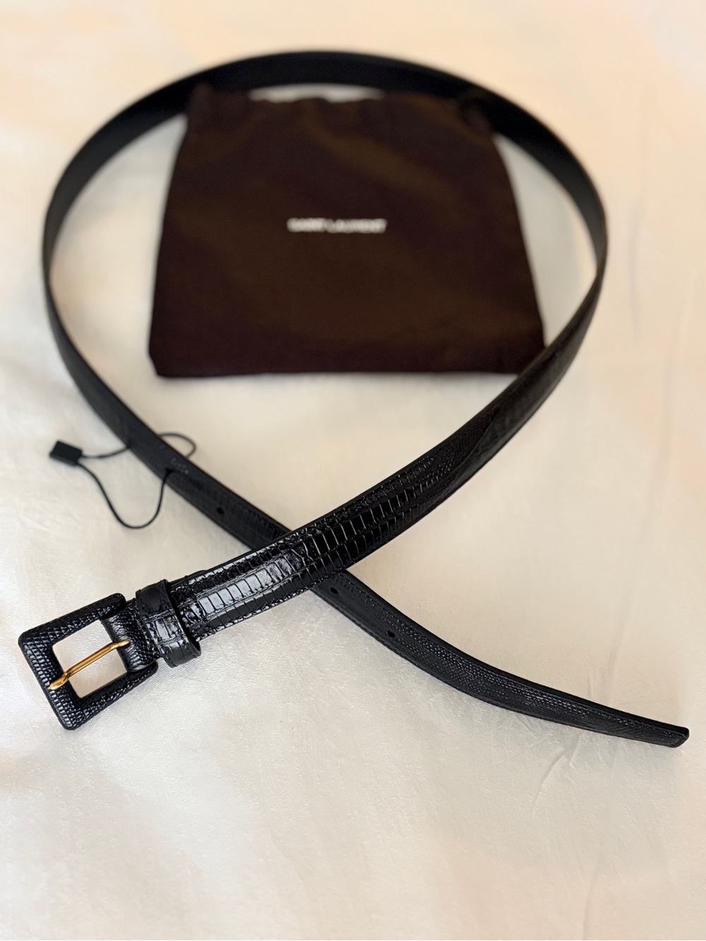 Saint Laurent Black Croc-Embossed Leather Belt with Gold Buckle - Picture 3 of 3